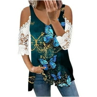 Farstey Hladna košulja za žene V izrez Leptir Ispiši labave bluze Ležerne ljetne čipke polu-rukave za