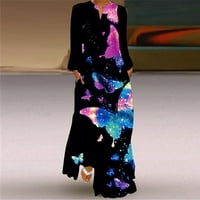 Ženski leptir tiskani ljuljački maxi haljine V izrez dugih rukava Ležerne prilike, Dužina za odmor Labava udobna haljina s džepovima Multicolor XXL
