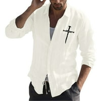 Muška modna casual jednostavna pamučna i posteljina mala ispis rever majica dugih rukava majica Top