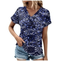 APEPAL ženski lepršavi kratki rukav ljeto V vrat Ležerne majice opuštene fit bluze tamno plava l
