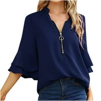 Umfun Ljeto ušteda za uklanjanje ženskog modnog casual obruča s V-izrezom Zip bljeskalica s rukavima od pune boje bluza s toplom košuljom plava l