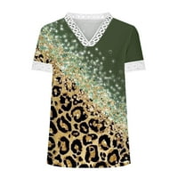 Ženska čipka patchwork labav udobni vrhovi klirence v bluza izreza Leopard tiskane magisterirane trendy dressy ljetni kratki rukav ležerna tunika Zelena s