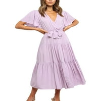 NOILLA dame ljuljačke haljine V izrez Ljeto MIDI haljina od punog boja za žene mekano kratkih rukava svijetlo ljubičasta s