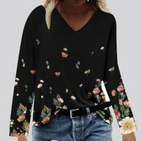 Ženske ležerne majice dugih rukava pulover za pad za jesen cvjetni print v izrez udobne labave osnovne bluze