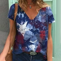 Ecqkame 4. srpnja Majice Američka zastava Košulja za žene Čišćenje modne žene kauzalni V-izrez Vintage Love Ispis bluza Kratki rukav majica Ljetni vrhovi Blue L