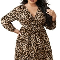 Ženski elegantni leopard Ispiši višebojni V izrez LINE haljine s dugim rukavima plus veličine