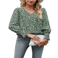 Neilla Ženska majica V izrez Šifonske vrhove Polka Dot T Majica Dame Fashion Tunic Bluza Dugi rukav Pulover Zeleni XS