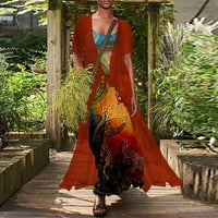 Ljetne haljine za žene cvjetni okrugli dekolte A-line dugačak labav kratki rukav rukav haljina narandžasta