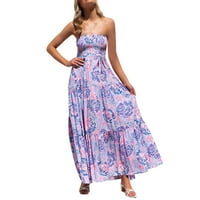 Ženski ljetni boemski nalepnici bez ramena Obrezina leđa Flow flowy line plaža Long Maxi haljina Drešeni džepovi ljetne haljine Halter