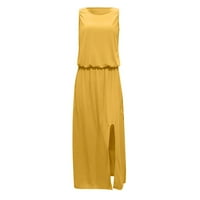 Ženske haljine bez rukava otisnuta moda maxi a-line okrugla dekoltetna ljetna haljina žuta l