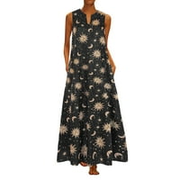 Roliyen ženske haljine plus veličina sunčevih zvijezda Moon Print bez rukava Vintage Bohemian Maxi haljina