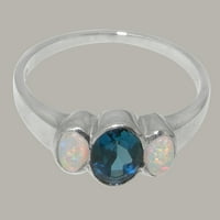 Britanski spektakularni sterling srebrni prirodni London Blue Topaz & Opal Womens Izjava prstena - Veličina