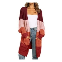 Crveni džemperi za žene ženske boho patchwork kardigan s dugim rukavima otvoreni prednji pleteni džepovi