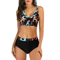 Entyinea Ženski kupaći kostim Tummy Control Bikini Ispis kupaćih odijela sa kravatom Crnot Black XL