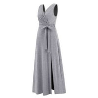 Ljetne haljine za žensku dužinu bez rukava za gledanje Leisure A-Line Solid V-izrez srebrni m