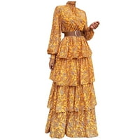Haljine 1950-ih za žene Vintage modni dugih rukava kornjača-vrat ispis pachwork pojas casual haljina žuta l