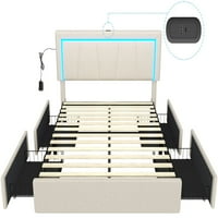Tiptifer puna tapecirana platforma za pohranu sa krevetom sa LED-om i USB priključcima Moderna posteljina tkanina Smart LED krevet sa skladišnim ladicama, bočna svjetlosna traka, s bijele boje