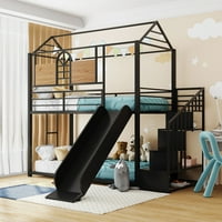 Twin preko dvokrevetnog metalnog kreveta sa sigurnosnim zaštitnim štitnicima, metalna kuća s klizom i skladištem, spavaća soba potkrovlje kreveta s krovom i crnom klizačem za dječje dijete, crno