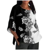 Žene Ljeto pamučne posteljine majice tiskanje labavo fit bluza rukave vintage crewneck plus veličina