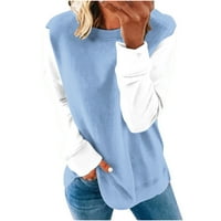 Ženska boja blok duks dugih rukava Crewneck Pulover casual labave majice za jesen i zimske udobne vrhove plavi XL
