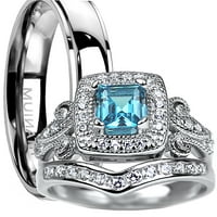 Njegova njegova trio plava topaz cz CZ srebrni vjenčani prsten za vjenčanje za njen titanijum za njega
