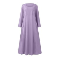 WAVSUF haljine za žene plus veličine čišćenje pamučne posteljine čvrsti džepovi dugi rukav maxi ljeto