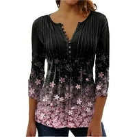 Ženske bluze i vrhovi modni labavi fit cvjetni tunik rukavac s rukavima Henley t majice crna 3xl