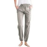 Široke noge za hlače za žene Ležerne prilike čvrste hlače Pamučna posteljina elastična struka Plus veličine