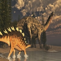 Dicraeosourus i Kentrosaurus Dinosaur hodaju mirno pored kalamitnih stabala prema printu zalaska sunca