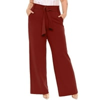 Plus veličine za žene Žene povremene hlače za pravu noge od pune boje elastične visoke strukske kravata Comfy pantalone sa džepovima
