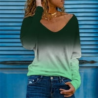 Košulje s dugim rukavima za žene, ženska modna oblika V-izrez u boji Bluza Ombre casual labavo pulover TUROBLE GREEN XXL