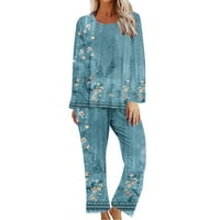 HFYIHGF Womens pidžamas set cvjetni print dugih rukava izvratnog vrata sa kaprim hlače sa džepovima Casual Leadep odjeća PJS Loungeweb Sets