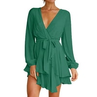 Žene Ljetna haljina V izrez patentna haljina s dugim rukavima lažna elegantna haljina labava mini plaža
