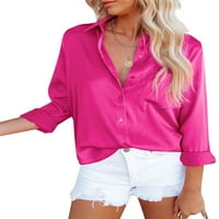 Biekopu Ženski gumb dole satenske majice, dugi rukav V izrez Solid boja opuštena fit uredska bluza