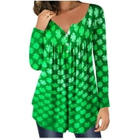 St.Patricks Day majica Žene s dugim rukavima Irska Shamrock djetelina Grafički tees Thirts Loose ruffle bluza