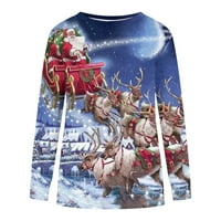Cotonie Božićni pulover za žene ružni santa tiskani dugim rukavima okrugli vrat dukseri modni casual vrhovi, plavi, xxl