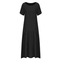 Plus veličina haljine za žene Ljeto pamučno posteljina od pune boje Crewneck kratki rukav maxi haljina crne perje haljina