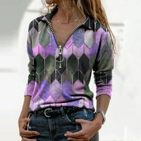 SHPWFBE majice s dugim rukavima za žene modni rever geometrijski patentni zatvarač casual bluza t- top