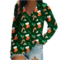 Hanas vrhovi modni ženski povremeni V-izrez Božićni print dugih rukava Top bluza Green XL