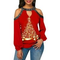 Dianhelloya Shiny Off ramena izdubljena žena bluza zlatno božićno drvo ispis pulover bluza