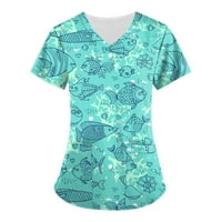 Ženske košulje Ženska modna radna odjeća s kratkim rukavima V-izrez s džepovima ispisanim vrhovima svijetloplava plava l