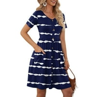 Ljetna haljina Ljetna modna modna gumba s kratkim rukavima dolje Dužina koljena s džepovima Mornarička