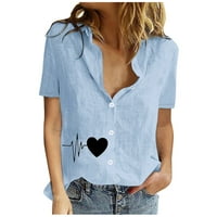 USMIXI Ženske košulje V-izrez kratki rukav EKG Ispiši ljeto slatka vrhova casual gumb dolje rever pamuk posteljina Cardigan bluze plavi XL klirens ispod 5 dolara