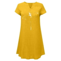 Mixpiju Ljetne haljine za žene Ženski kratki rukav Vintage Retro V-izrez Loose Hedging Tisak bambusove konoplje haljina žuta 4xl
