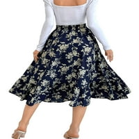 Franhais ženske suknje srednjeg duljina, cvjetni tiskani visoko struk a-linijski elastični struk, casual