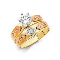 Jewels 14k žuta bijela i ruža Three Color Gold Okrugli kubični cirkonijski CZ ženski vjenčani traki i angažman mladenkini prsten dvije set veličine 8.5