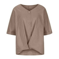 Yuwull Ženske bluze i vrhovi, ženska pamučna posteljina modna polovina rukava V-izrez t majica čvrstog labavog osnovnog top xxl kaki