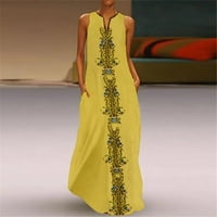 Ljetne haljine za žensko dugomjernog temperamenta bez rukava A-line cvjetni zarezni izlazak vrata haljina žuta l
