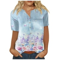 Hanas vrhovi cvjetni vrhovi za žene, žensko dugme dolje modne casual majice kratkih rukava bluza nebesko