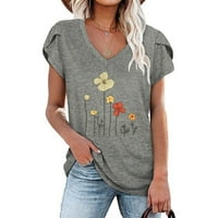 CLlios ženska latica kratki rukav Ležerne majice TOP Ljetni cvijet Print Solid Color V bluza za bluzu Pamuk Labava majica